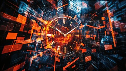 Abstract clock in futuristic digital space, representing time, technology, and speed.
