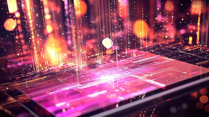 Abstract digital artwork with glowing lines, particles, and bokeh effects on a dark background, resembling a futuristic interface or technological display.