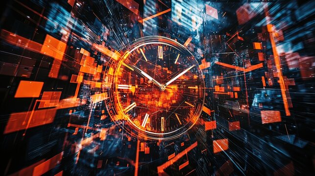 Abstract clock in futuristic digital space, representing time, technology, and speed.