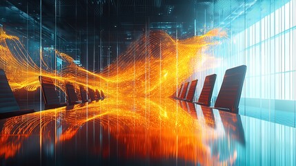 Abstract fiery data stream flowing over a modern conference table in a glass office building.