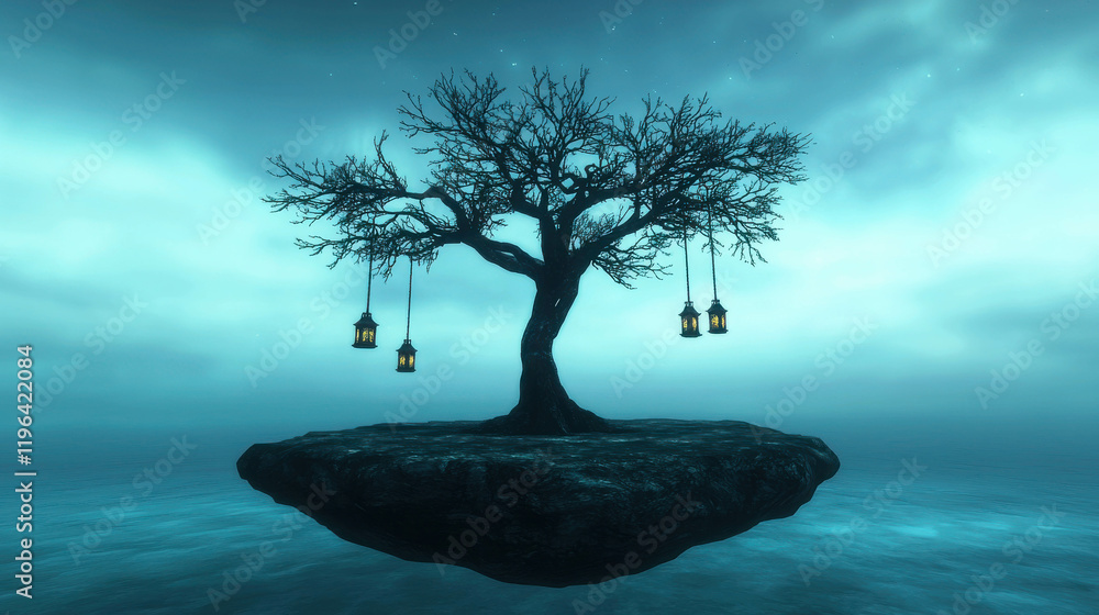 Aufkleber floating island featuring enormous ancient tree with lanterns in ethereal atmosphere