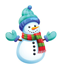 Snowman with hat, gloves, scarf, and twig arms in winter holiday theme. Vector cartoon illustration