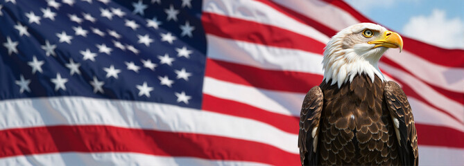 Bald eagle with the American flag as a patriotic backdrop