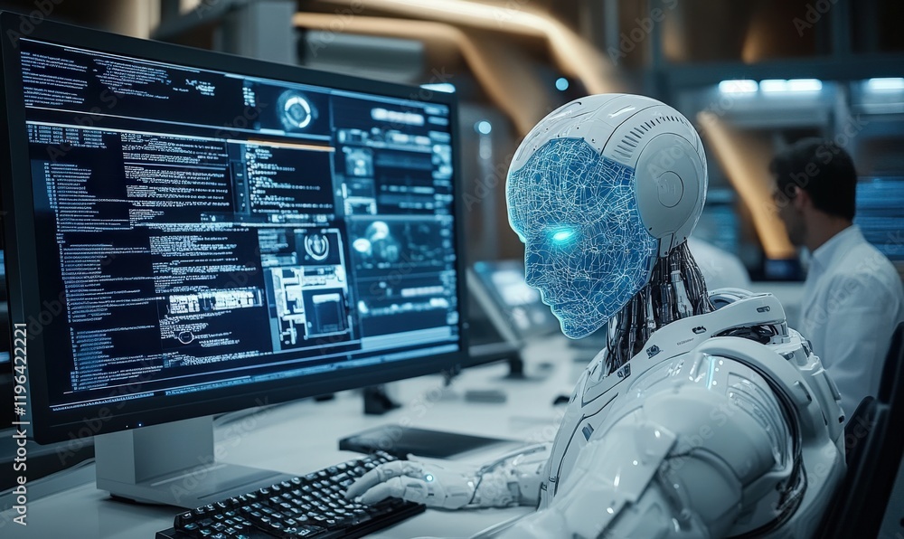 Poster a white humanoid robot is working next to the computer