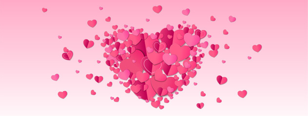 Layered heart mosaic pattern forming large romantic symbol on soft pink gradient background. Multiple scattered paper cut love shapes for Valentine day congratulation design. Romance wedding banner.