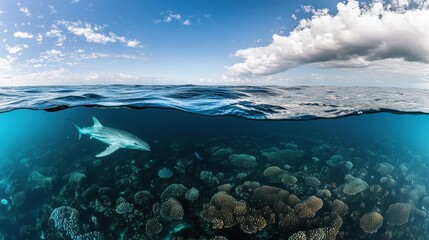 Contrasting underwater world: one side vibrant with marine life, the other side bleached and desolate due to climate effects.