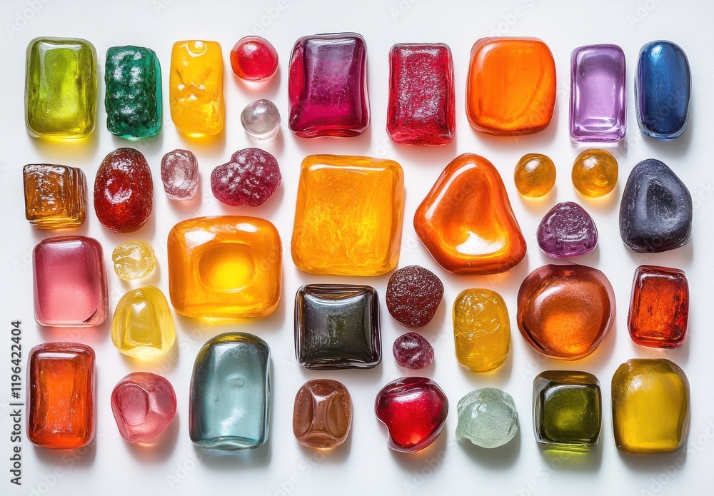 Poster a colorful array of candies and gems displayed on a white background, showcasing variety in shapes a