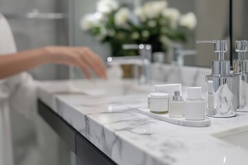 Modern minimalist marble bathroom with skincare products in white clear containers on shelf near sink, Promoting skincare routine, morning routine, morning beauty products, self-care advertisements