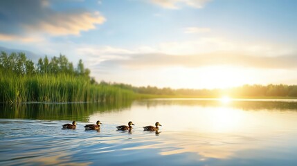 Serene Ducks Swimming in Calm Water at Sunset
