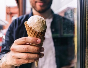 Close-up view of a man holding an ice cream cone