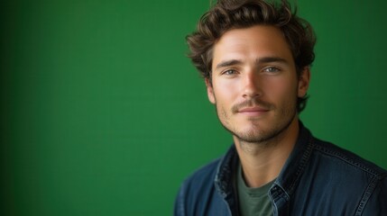 Fototapeta premium Young American man with green screen background, confident expression, showcasing vibrant personality and youthful energy