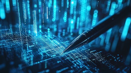 Close-up of a pen hovering over a complex digital circuit board, glowing with blue light, symbolizing innovation and technology.