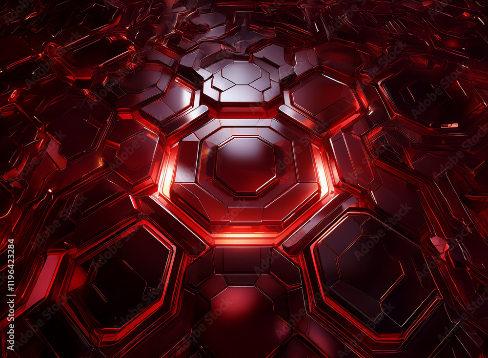 Poster intricate pattern of dark red octagons, gleaming with a subtle inner light, creates a futuristic, al