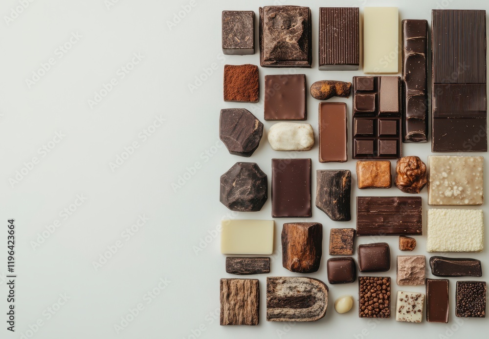 Aufkleber a diverse array of chocolate varieties displayed on a light surface, showcasing different textures, 