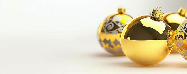 A close-up view of decorative gold Christmas ornaments, showcasing their shiny surfaces and intricate designs against a light background.