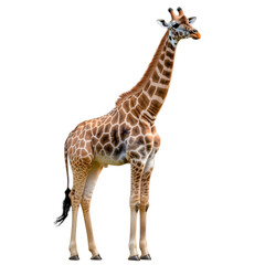Playful giraffe with long neck, on transparent background.