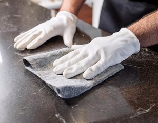A servant is wiping the kitchen table with a cloth
