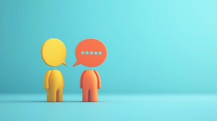 Talking icon graphic representing a conversation, with speech bubbles and animated figures in a minimalist design 