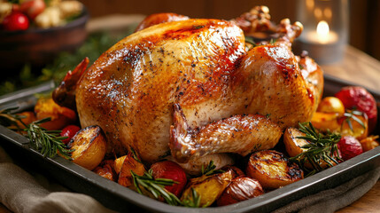Fototapeta premium Golden Brown Thanksgiving Turkey Freshly Roasted with Seasonal Vegetables and Herbs