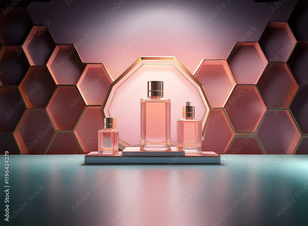 Aufkleber elegant pink perfume bottles displayed on a minimalist shelf with a geometric hexagon backdrop. soft