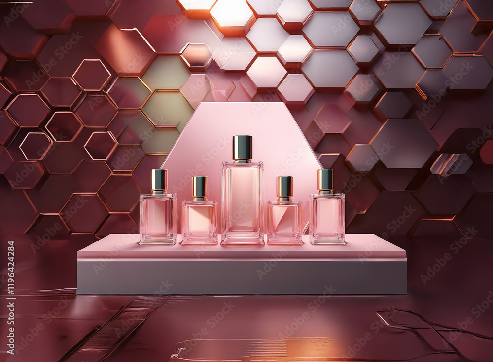 Aufkleber a collection of perfume bottles in varying sizes displayed on a minimalist pink platform against a b
