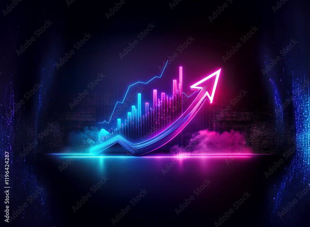 Poster neon-lit upward trending graph against a dark, futuristic cityscape. glowing lines and particles cre