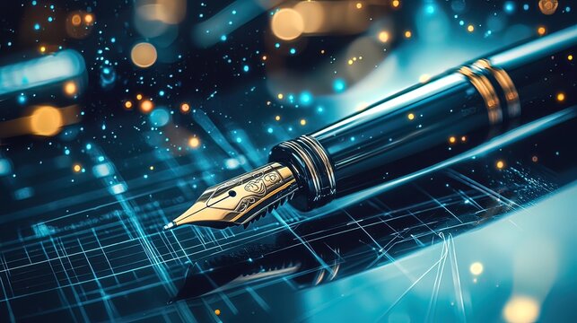 Elegant fountain pen rests on a glowing digital graph, symbolizing financial planning or technological innovation. - Powered by Adobe