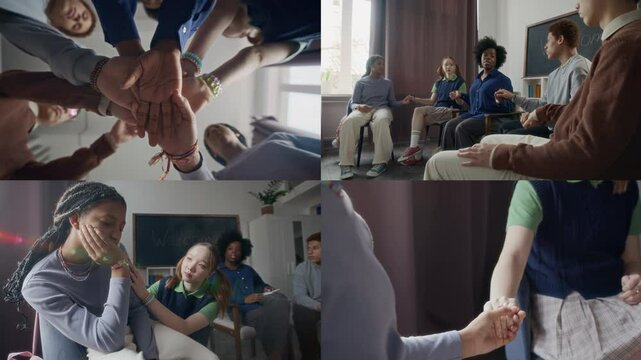 Split screen of young Black female psychologist leading support group for multiethnic gen z kids in class, creating positive atmosphere, encouraging teamwork, cooperation and mutual help