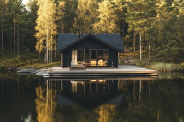 Obraz premium Scandinavian-style lakeside cabin vacation home tranquil forest setting modern minimalist design serene reflection outdoor living space perfect getaway retreat
