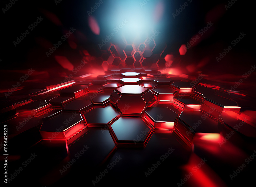 Poster abstract digital art featuring a futuristic, red and black hexagonal grid illuminated from above. th