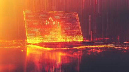 Glowing laptop displaying financial data graph in dark background.