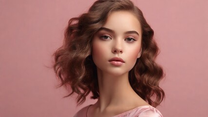 Fototapeta premium A fresh portrait of a young woman or girl for the design of skin care and makeup products on pink background