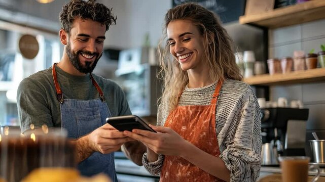 Cheerful worker interacts with customer using smartphone in cozy cafe setting, Cheerful worker serving a customer who uses smartphone to pay in coffee shop