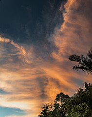 Fototapeta premium Clouds in a softly glowing sunset sky with shades of pink and gold.