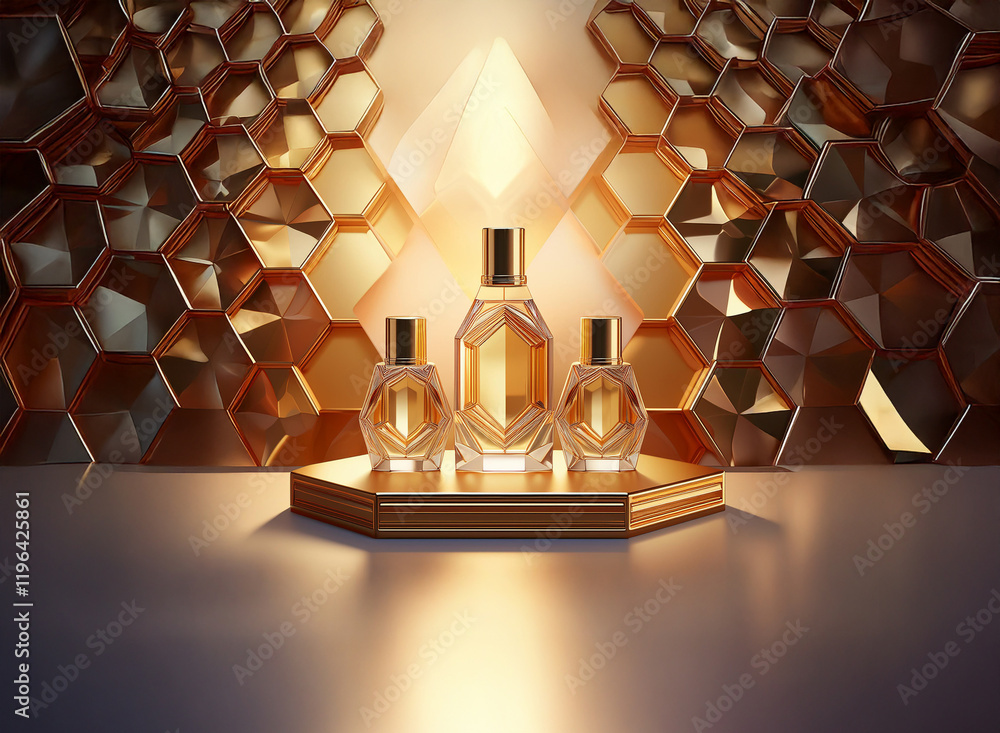 Aufkleber golden perfume bottles on a hexagonal tray, displayed against a shimmering honeycomb backdrop. illum