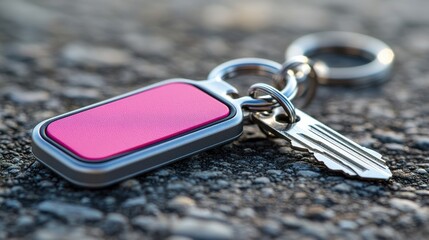 Colorful Keychain with Pink Tag and Silver Key on Gray Surface