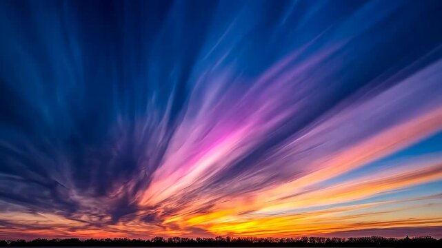 Rare and colorful nacreous clouds illuminate the evening sky at sunset, Colorful nacreous polar stratospheric clouds jet timelapse