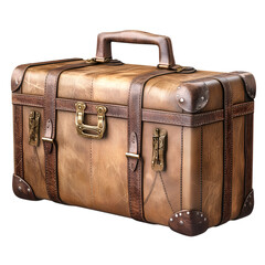 Vintage leather suitcase with brass buckles, isolated on transparent background.