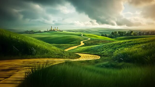Yellow brick road in wizard of oz. Road, meadow, fairy tale tale, castle, summer, path. Tale of a castle on path in summer. Fairy path through meadows and castles in summer with tales. Lifestyle.