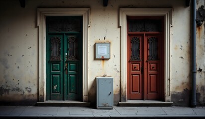 Two ornate doors, green and red, with intricate ironwork, flanking a weathered wall featuring a rust-stained notice board and a small metal utility box below.