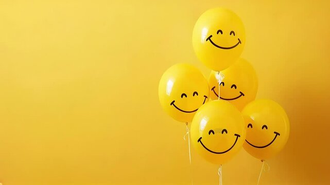 Cheerful yellow balloons with smiley faces against a yellow background loop video in 4K
