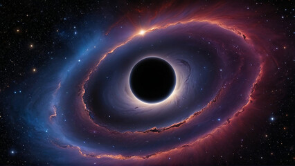 A breathtaking panorama of a black hole in outer space, showcasing the swirling accretion disk and the fascinating gravitational effects surrounding it