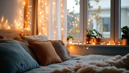 Cozy bedroom corner with warm lighting and decorative pillows creates inviting atmosphere, Cozy bedroom corner with warm lighting, decorative pillows, and string lights near window - Powered by Adobe
