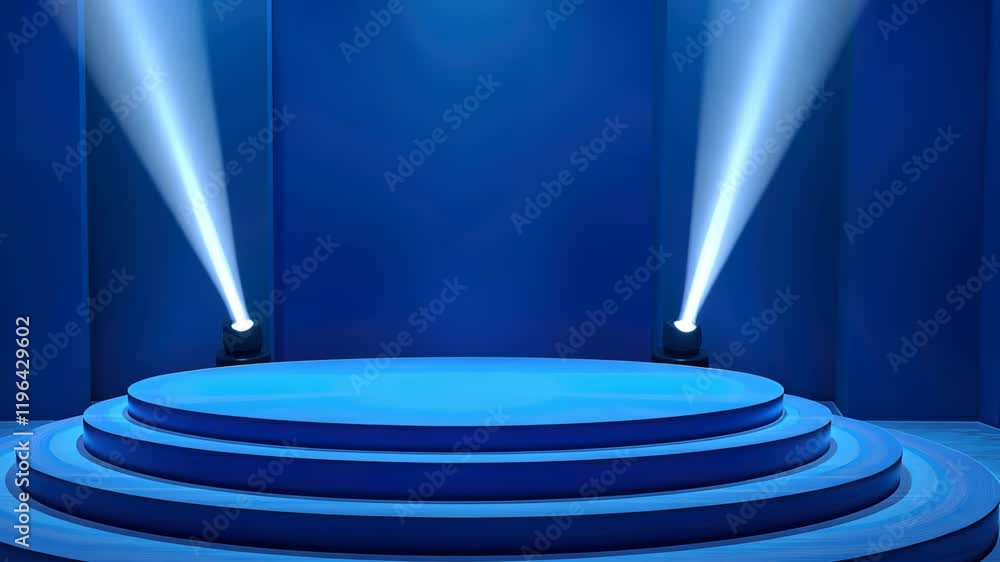 Poster blue podium stage designed for dynamic display presentations and events, blue podium stage for displ