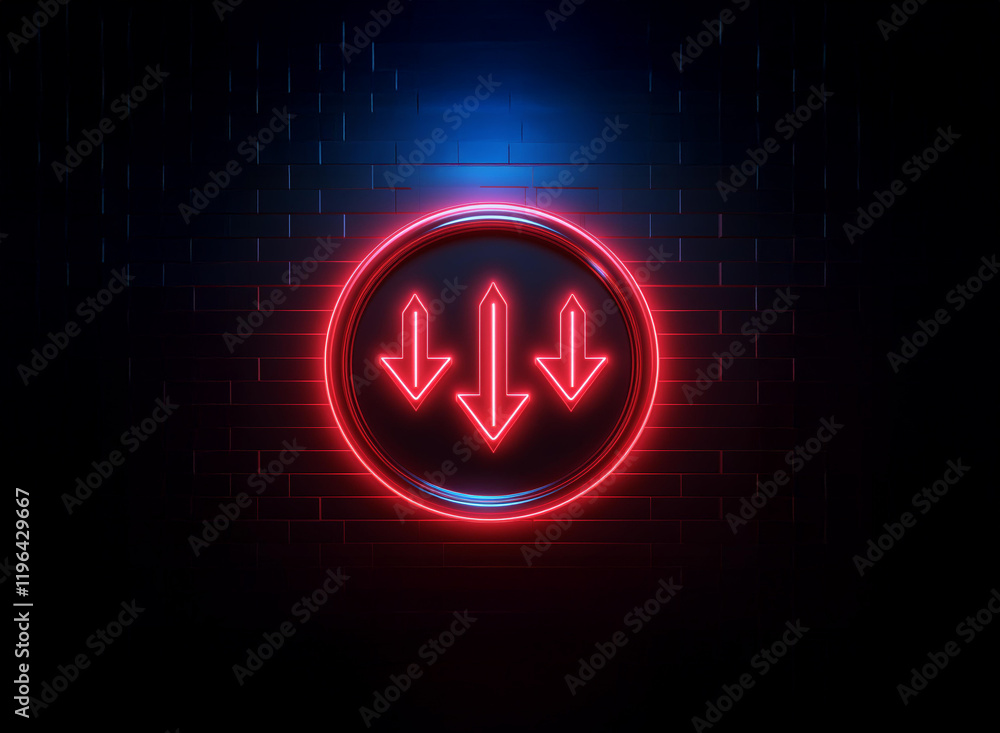 Poster glowing red neon arrows pointing downwards within a circular frame against a dark, digital backdrop.