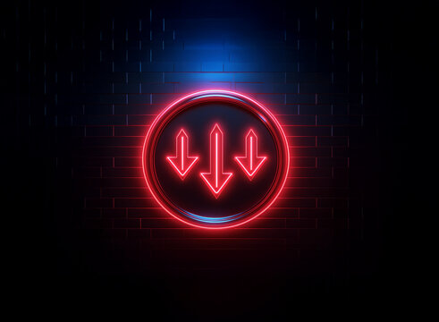 Glowing red neon arrows pointing downwards within a circular frame against a dark, digital backdrop.  The image evokes a sense of technological descent or data transfer. - Powered by Adobe