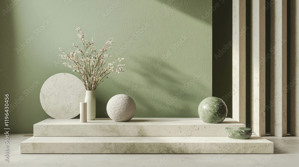 Aufkleber minimalist 3d platform for product presentation with natural elements and soft colors