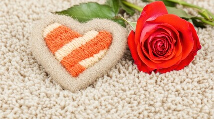 Romantic Valentine's Day Still Life: A Handcrafted Heart and a Red Rose on Beige Carpet