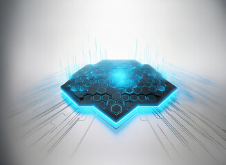 A futuristic, hexagonal energy core glows with bright cyan light against a stark white background.  Its sleek, dark surface is detailed with intricate circuitry.  Light streaks emanate outward, sugges