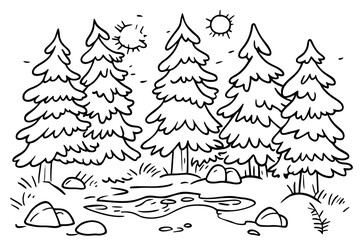 Simple Line Drawing: Sunlit Coniferous Forest with Puddle
